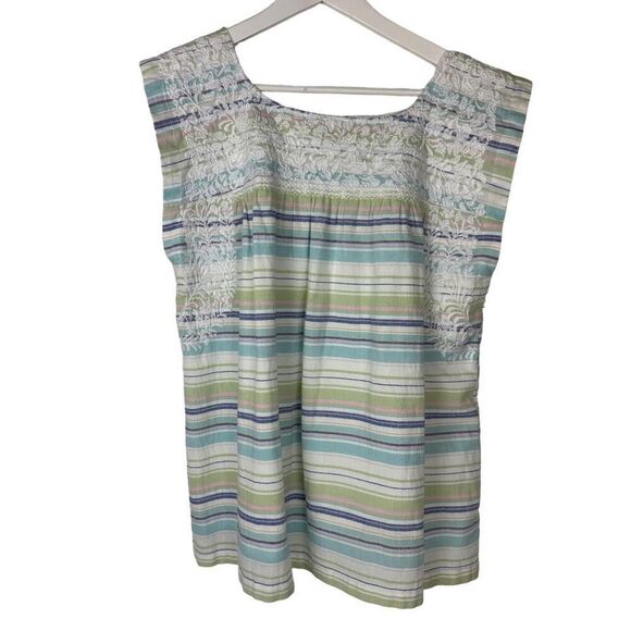 J. Marie Stripe embroidered Top size Medium Green Blue White - Picture 2 of 12